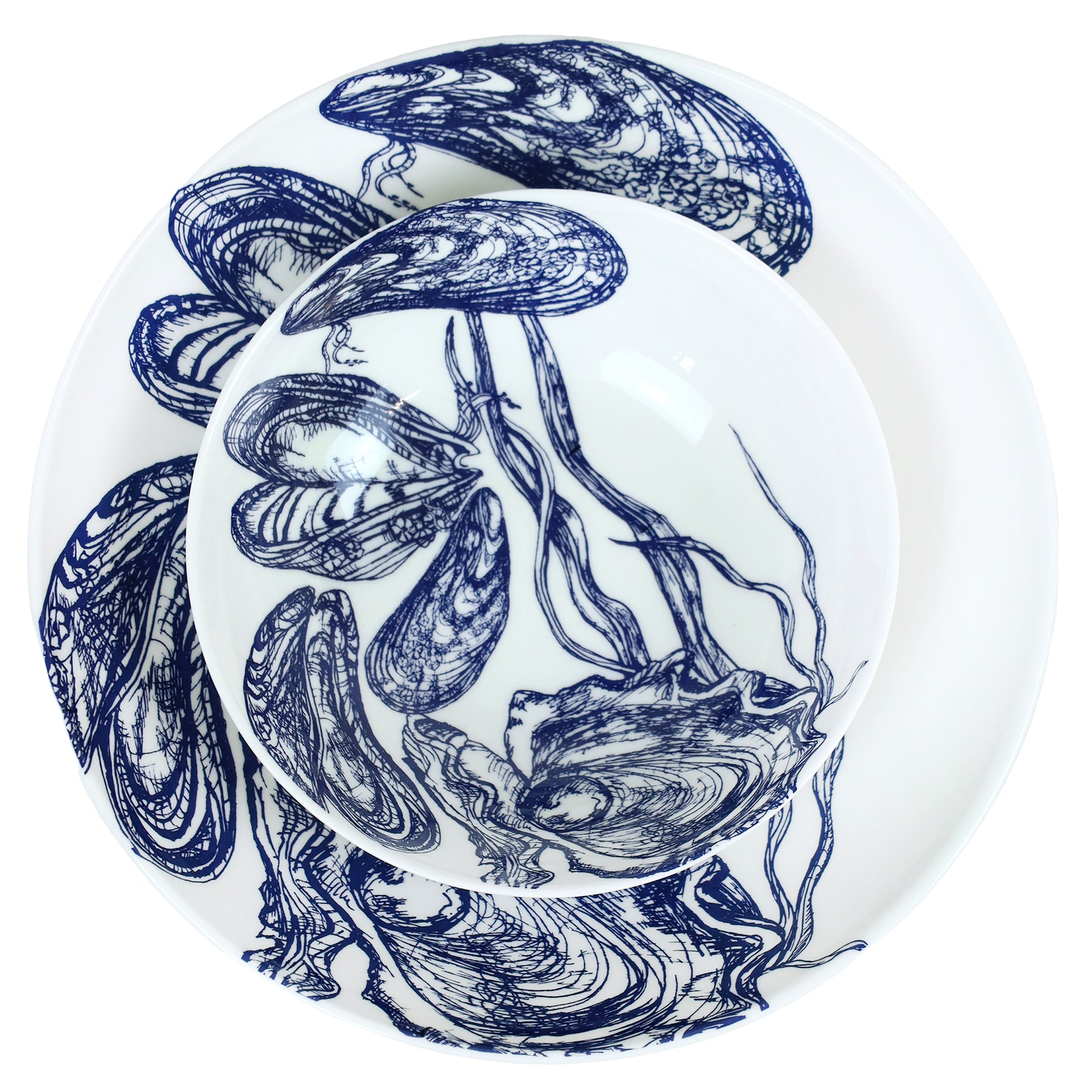 Pasta bowl in Bone China in our Classic range in Navy and white in the Mussel design on a Dinner plate