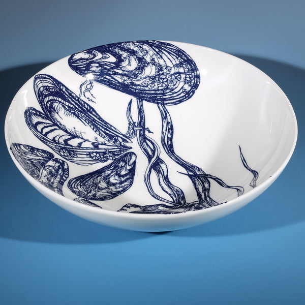 Pasta bowl in Bone China in our Classic range in Navy and white in the Mussel and Oyster design