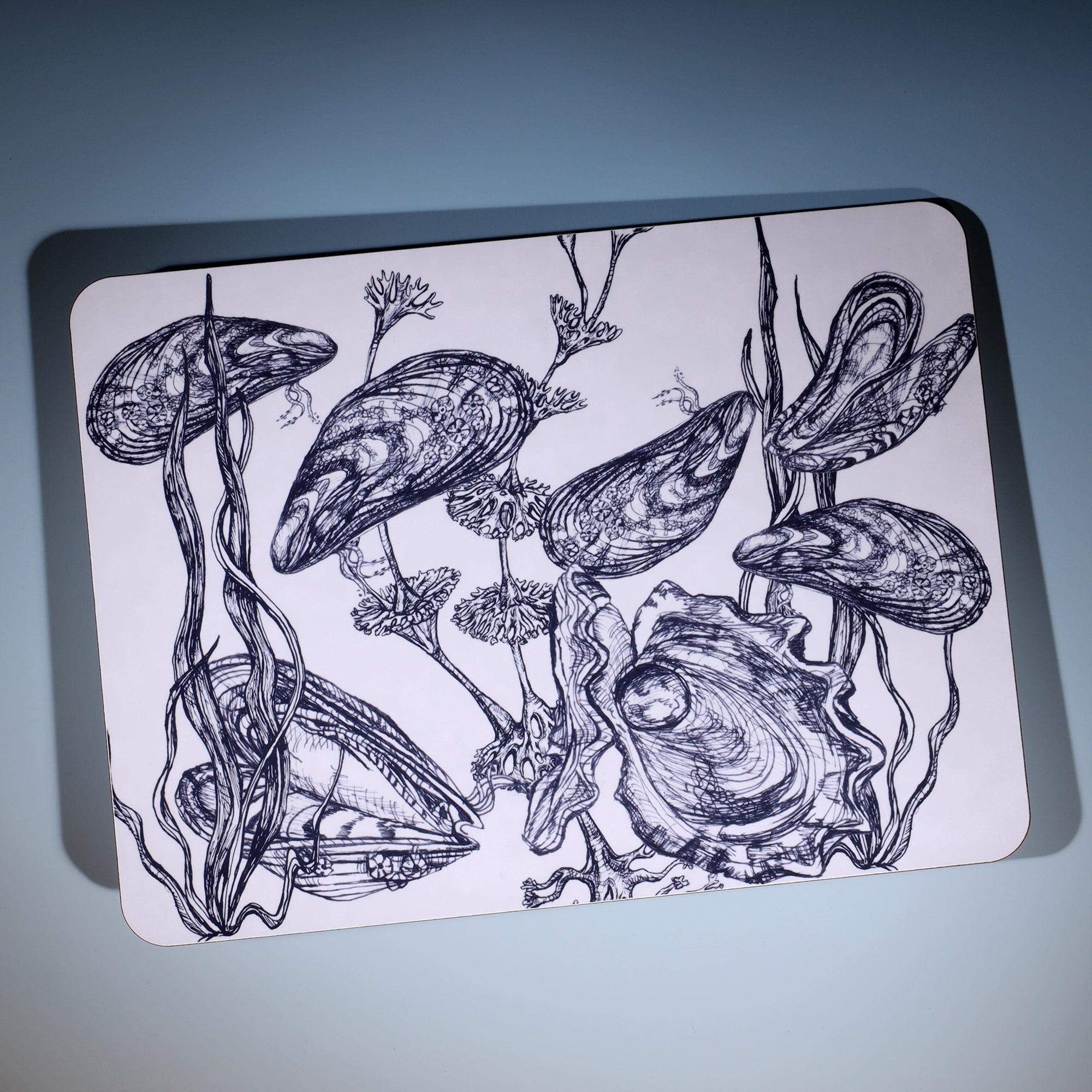 Mussel and Oyster Design in Navy on a white Coaster