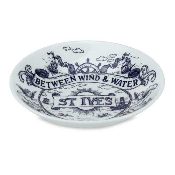 Nibbles bowl in Bone China in our Classic range in Navy and white in the St Ives design featuring a packet ship,a ships wheel,cherubs,a lighthouse and other nautical illustrations from a side view