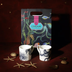 Image of bone china Octopus and Seahorse mugs in front of our unique Reef design gift bag - Cream Cornwall