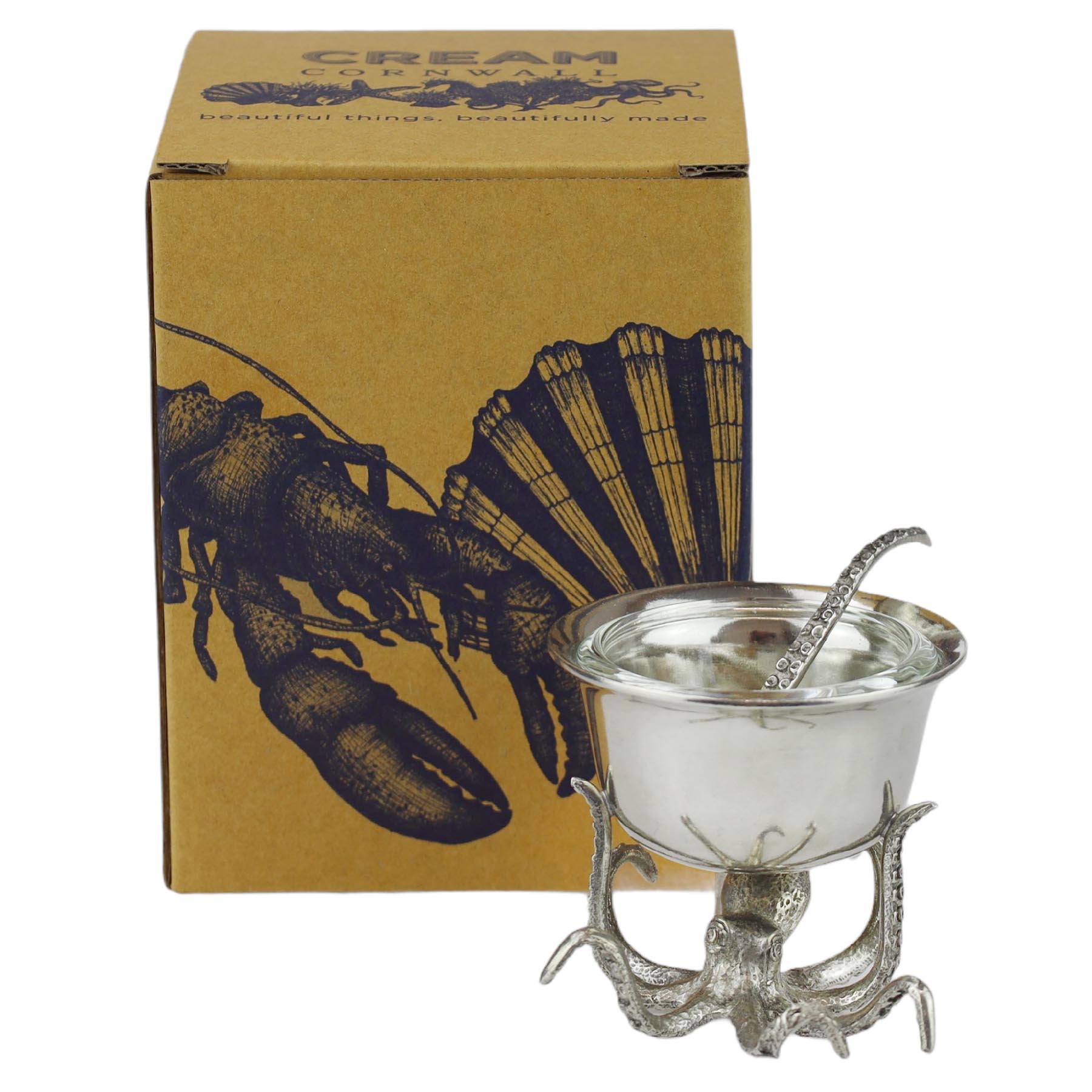 Pewter Octopus Condiment Bowl With Spoon in front of product box