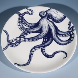 Large Bone China White 30cm diameter plate with hand drawn illustration of our classic Octopus in Navy