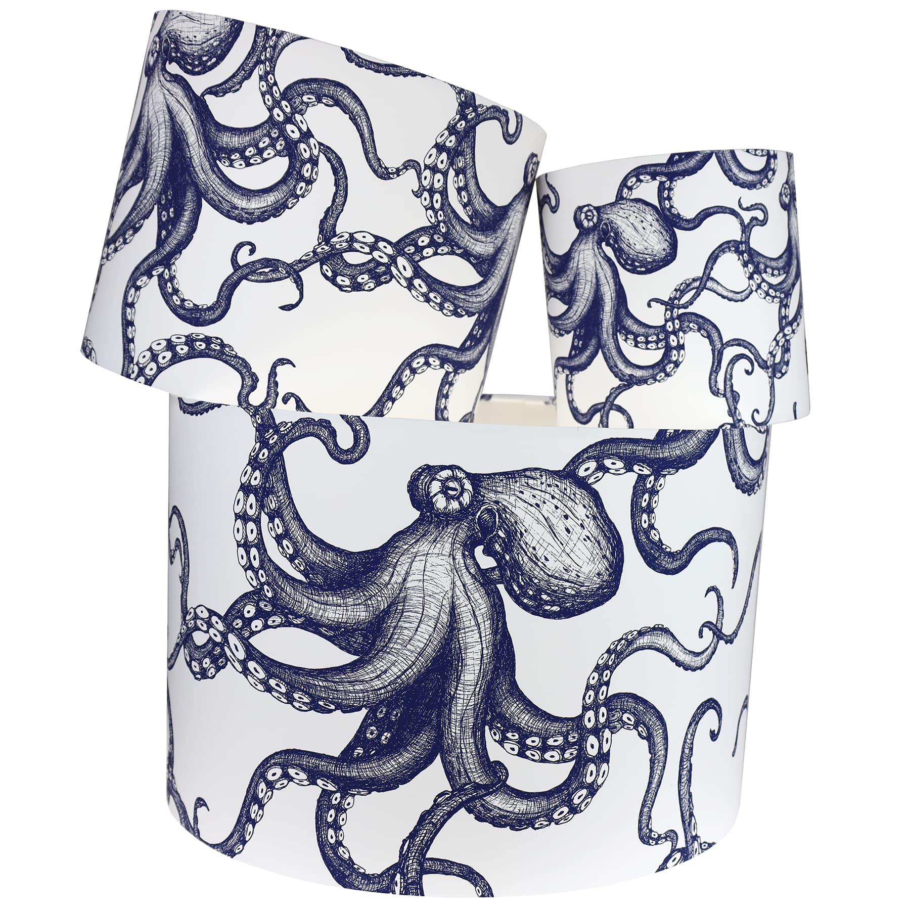 Our Classic Navy Octopus design on a white background.The lampshades are shown in a stack of three showing all three sizes.