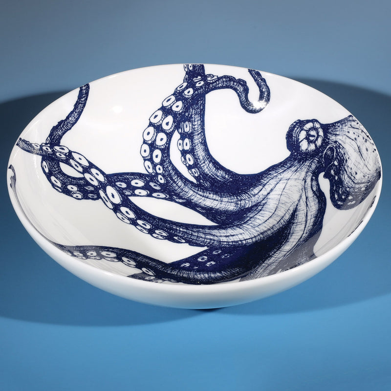 Pasta bowl in Bone China in our Classic range in Navy and white in the Octopus design