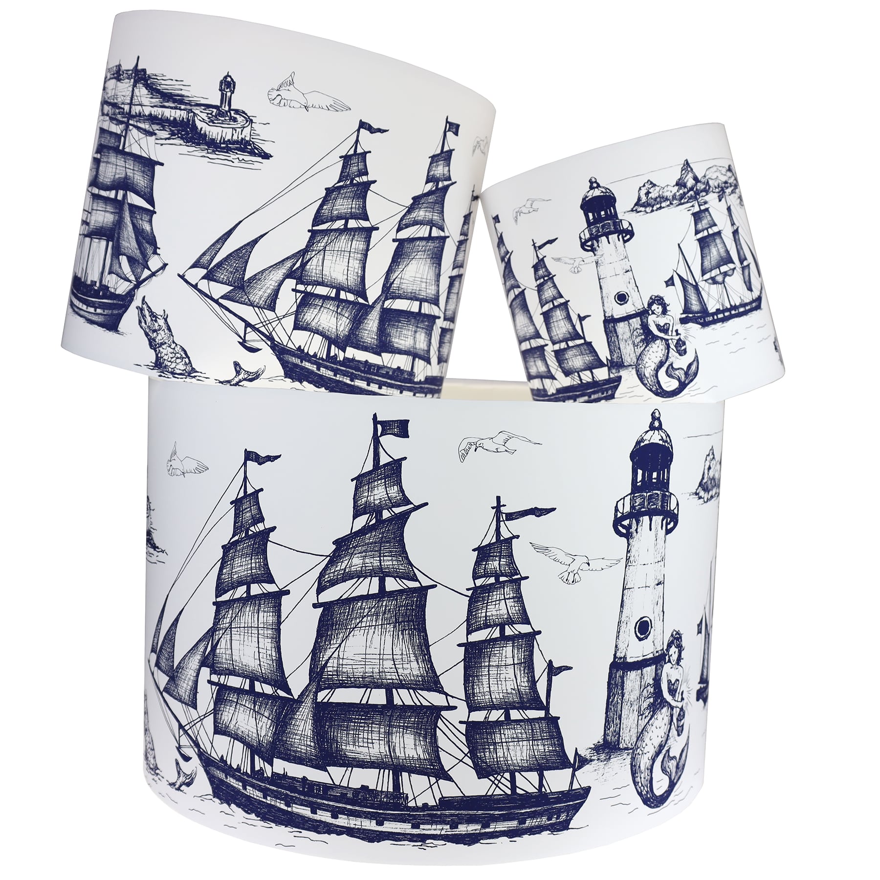Our Classic Navy Maritime design on a white background.The lampshades are shown in a stack of three showing all three sizes.
