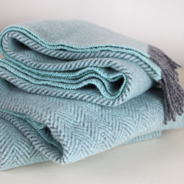 Oversized Cashmere Throw Duck Egg Herringbone -Homeware- Cream Cornwall