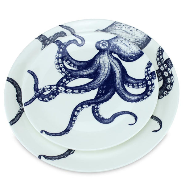 Aerial view of Bone China White plate with hand drawn illustration of our classic Octopus in Navy stacked with the dinner plate and side plate