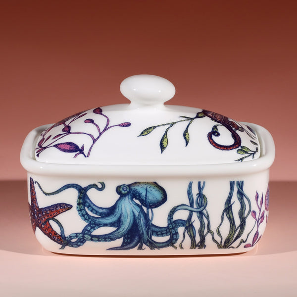 Butter dish in our brightly coloured Reef range,with Octopus,seaweed,seahorses and other sea themed designs all over the base and the lid.This side showing the Octopus.