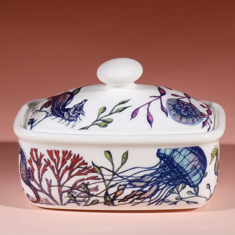 Butter dish in our brightly coloured Reef range,with Octopus,seaweed,seahorses and other sea themed designs all over the base and the lid.This side showing the Jellyfish