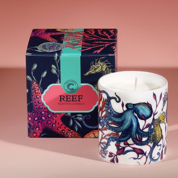 Our Reef fragrance is a blend of citrus, jasmine and lavender, on a base of musk and wood notes in a Candle Beaker with coloured Reef prints featuring Octopus,Seahorses and other Sea creatures