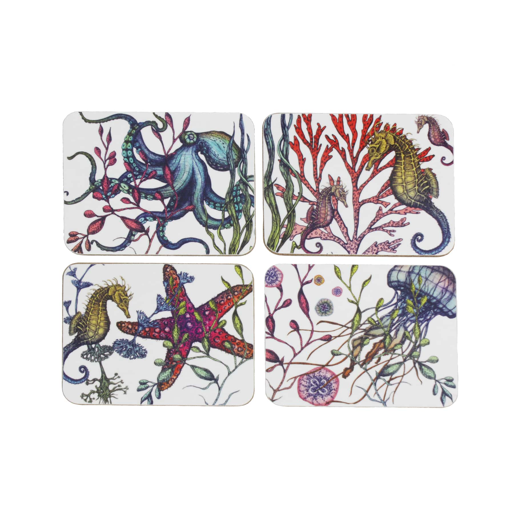 Set of four different coasters in our Reef coloured design with an Octopus,Seahorse,Jellyfish and a Starfish design