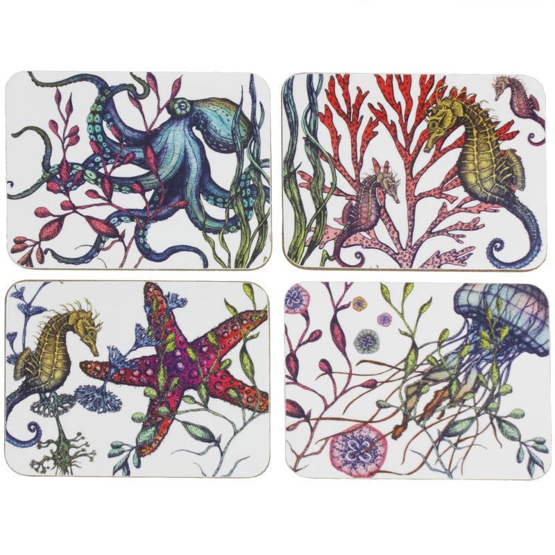 Set of four different Placemats in our Reef coloured design with an Octopus,Seahorse,Jellyfish and a Starfish design