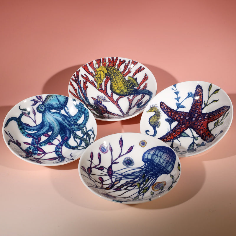 Set of four Nibbles bowls in Bone China in our colourful Reef range in the Jellyfish,seahorse,starfish and Octopus designs