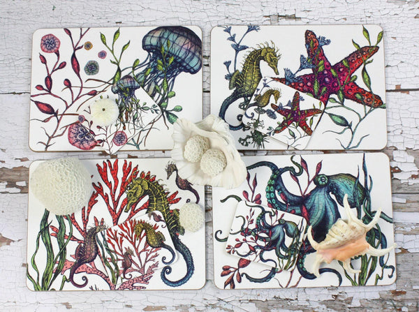 Cork-Backed Reef Sea Creature Placemats, Set Of 4 -Kitchen & Dining- Cream Cornwall