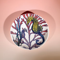 Bone China White plate with hand drawn illustrations of our Seahorse Reef design on a side plate in beautiful bright colours