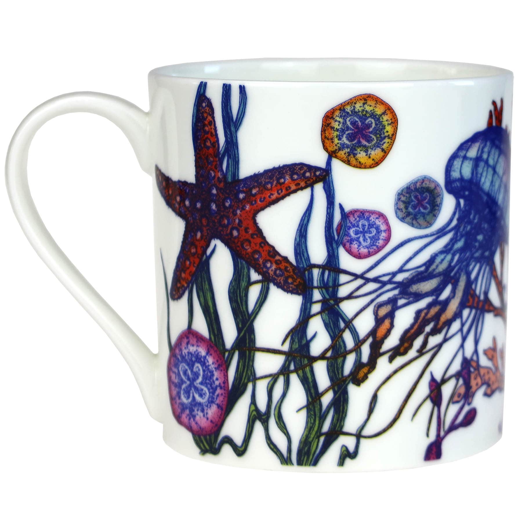 Close up of Image of bone china mug featuring an underwater Reef Design with Octopus, Jellyfish and Starfish .This side show the Starfish and the Jellyfish