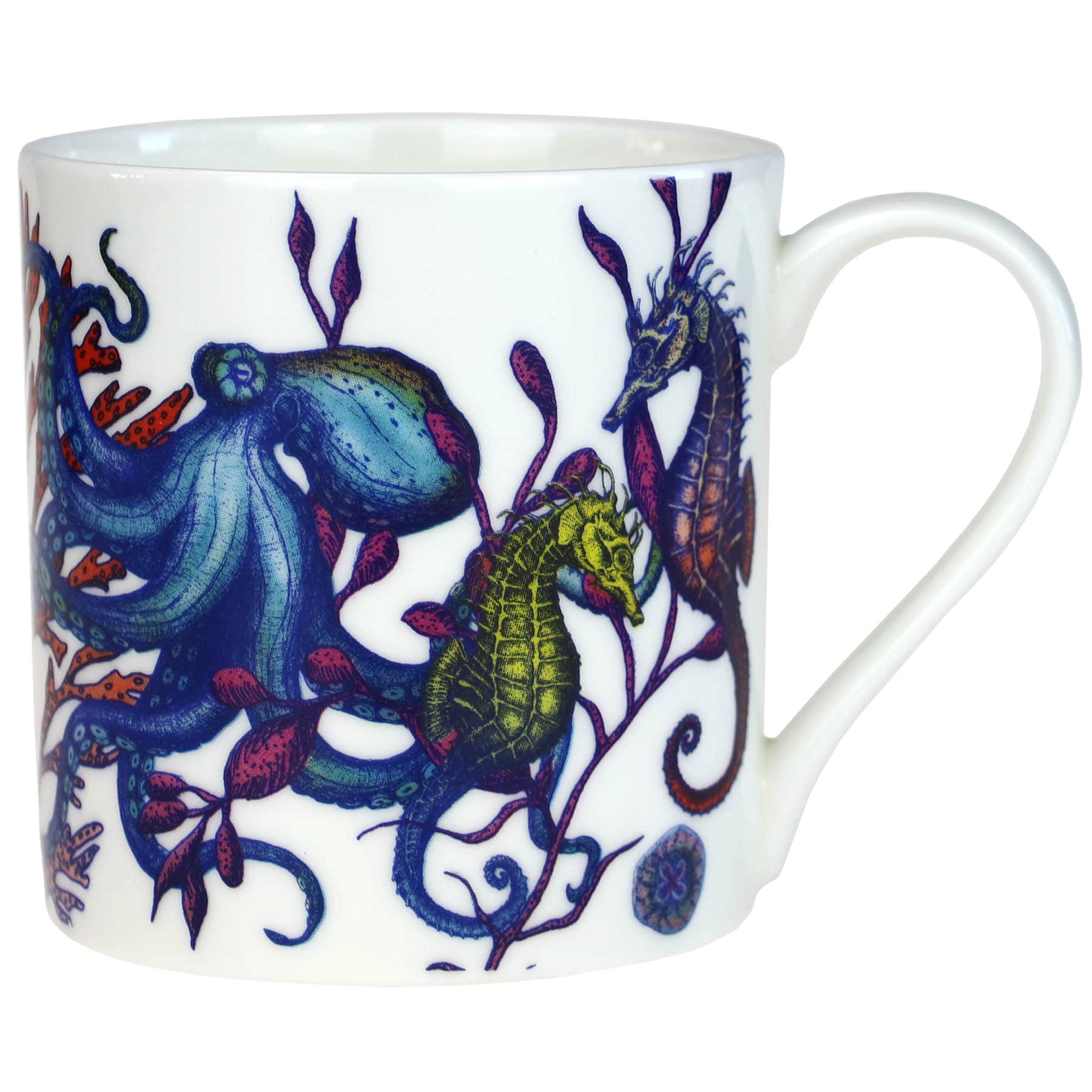 Close up of Image of bone china mug featuring an underwater Reef Design with Octopus, Jellyfish and Starfish .This side shows Octopus and Seahorse