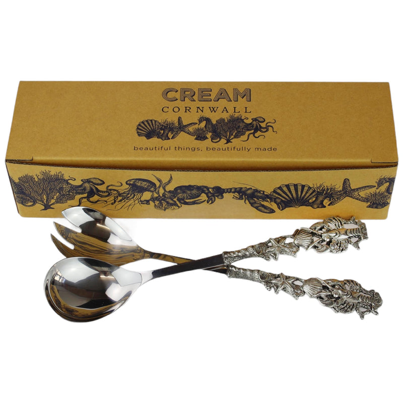 Pewter Shell & Lobster Salad Servers in front of Product Box -Kitchen & Dining- Cream Cornwall