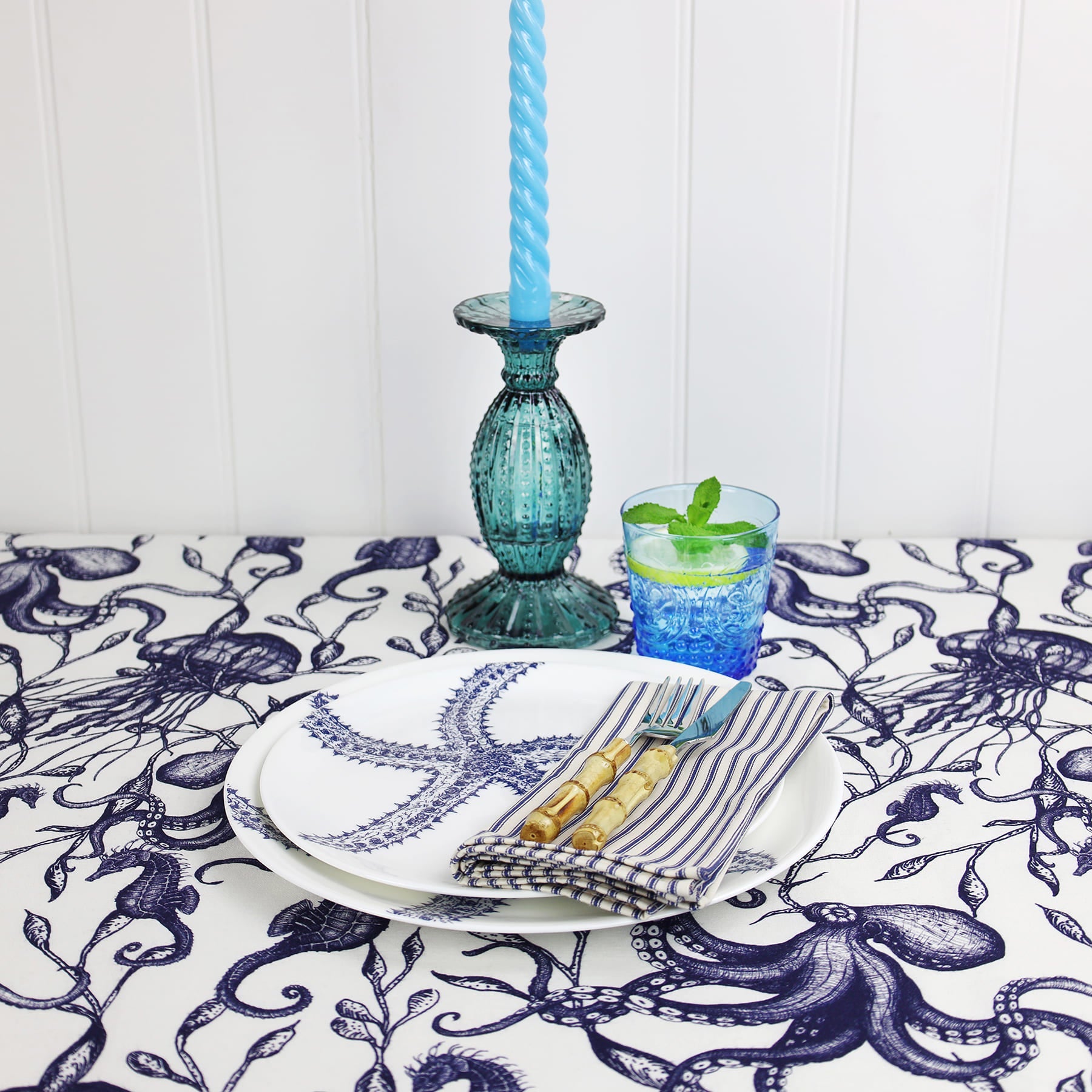 Mid shot of Sea Creatures and Seaweed Fabric as tablecloth- Homewares-Cream Cornwall