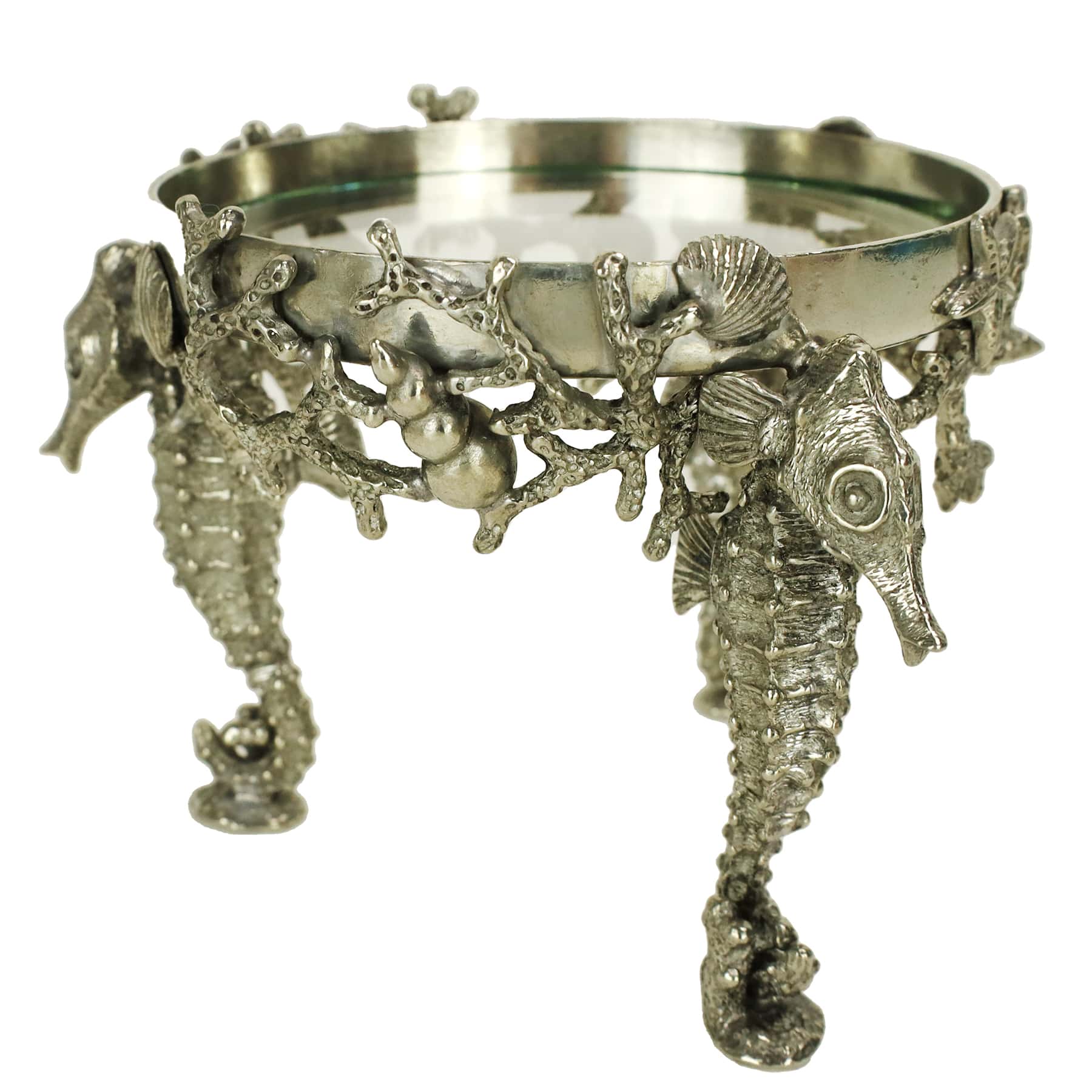 Close up shot of large Pewter Candle Holder featuring intricate seahorses as the base