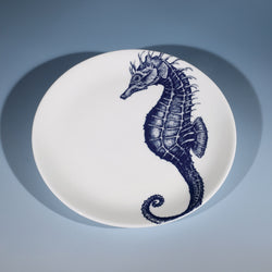 Bone China White dinner plate with hand drawn illustration our classic Seahorse in Navy