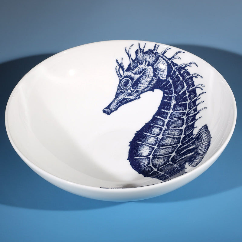Pasta bowl in Bone China in our Classic range in Navy and white in the Seahorse design