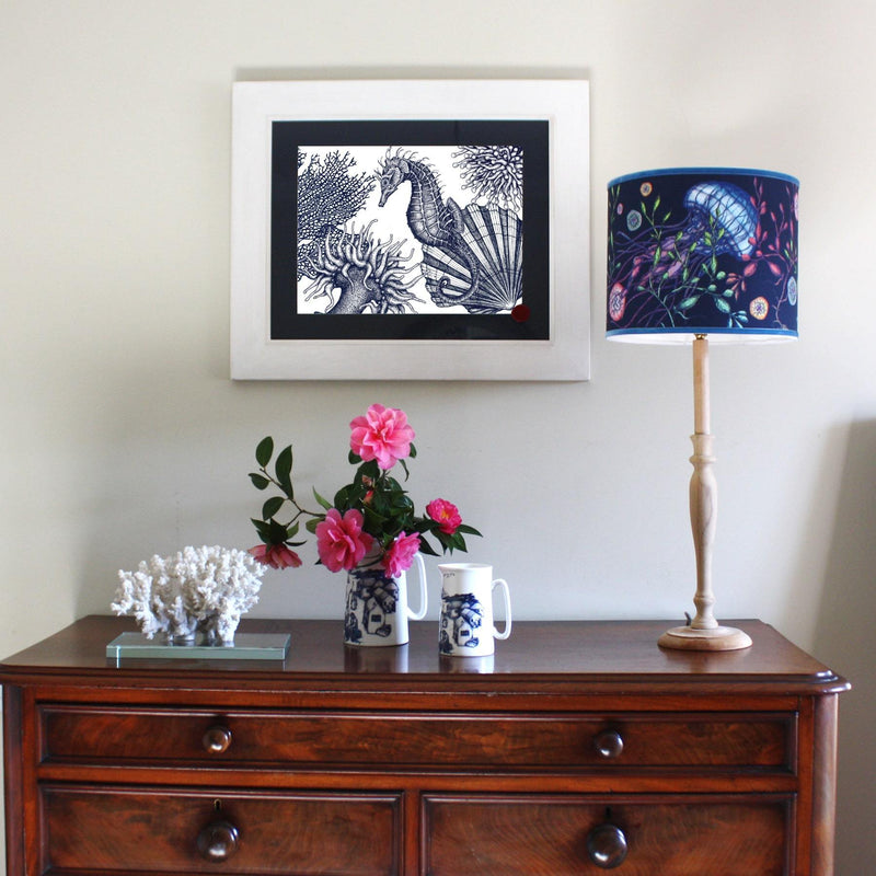 Seahorse Scene Art Print In Blue On White In Three Sizes -  - A2, A3 And A4 -Accessories- Cream Cornwall