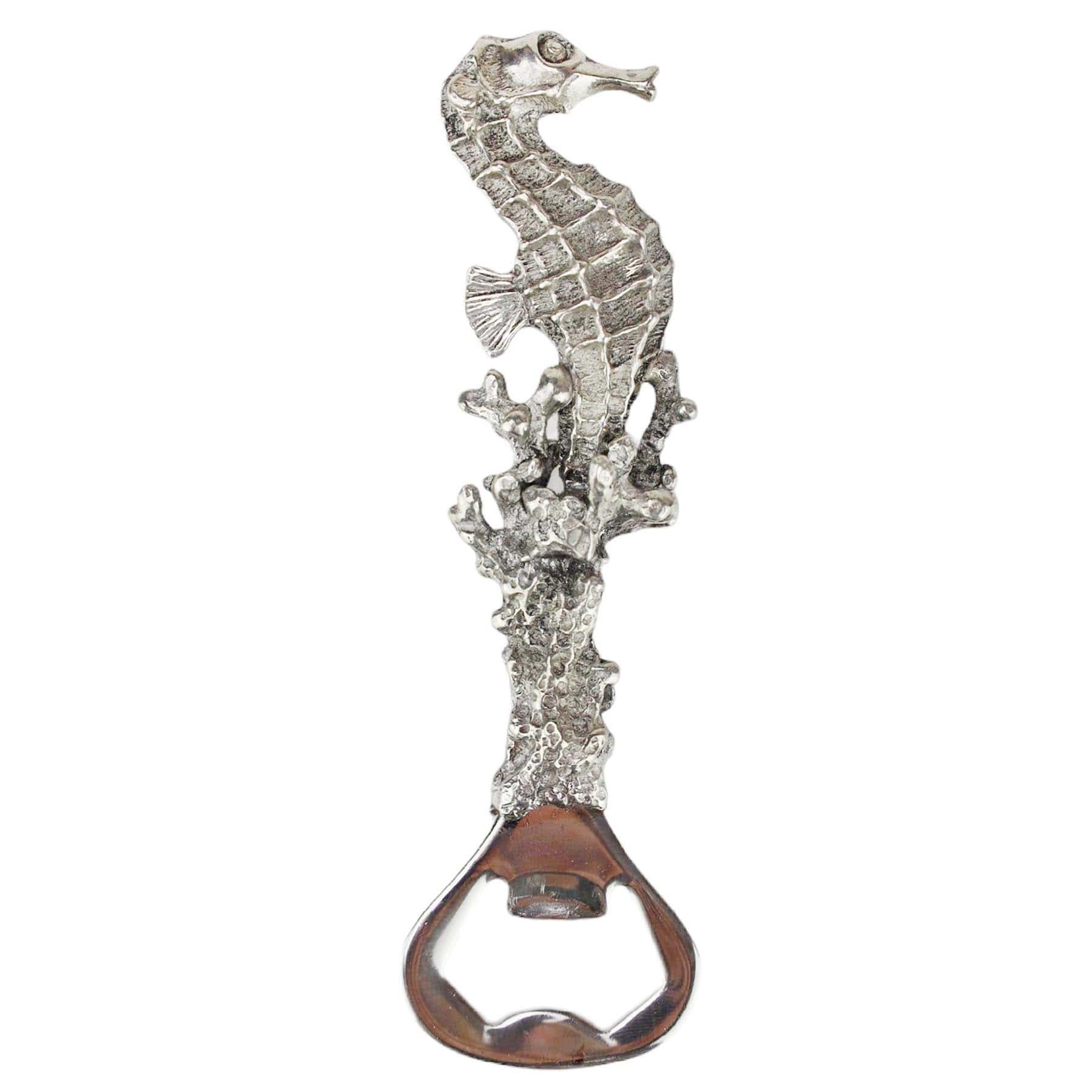 Close up of a Pewter Seahorse shaped bottle opener