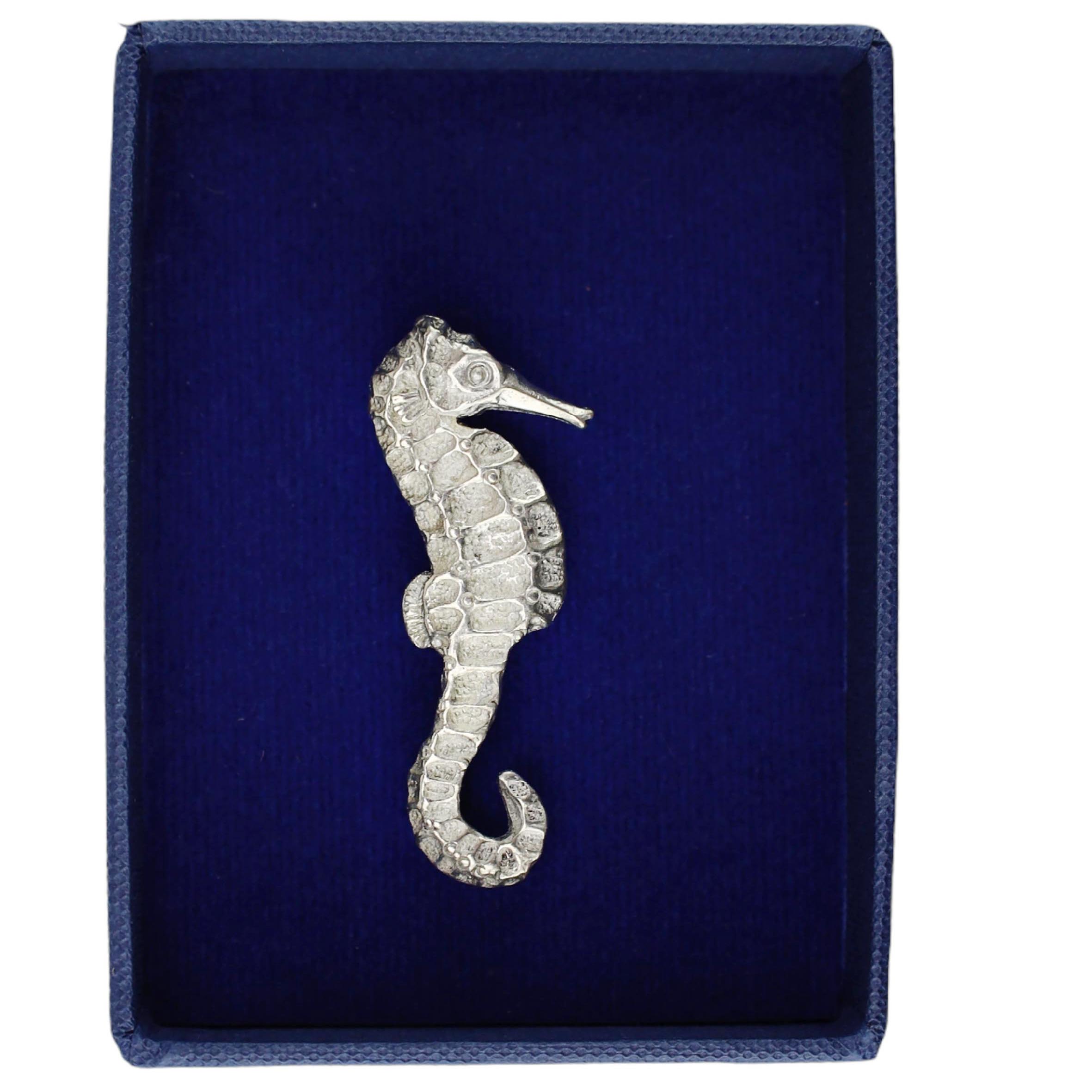 Pewter Crab Seahorse Pin shown in the Navy box that it comes in