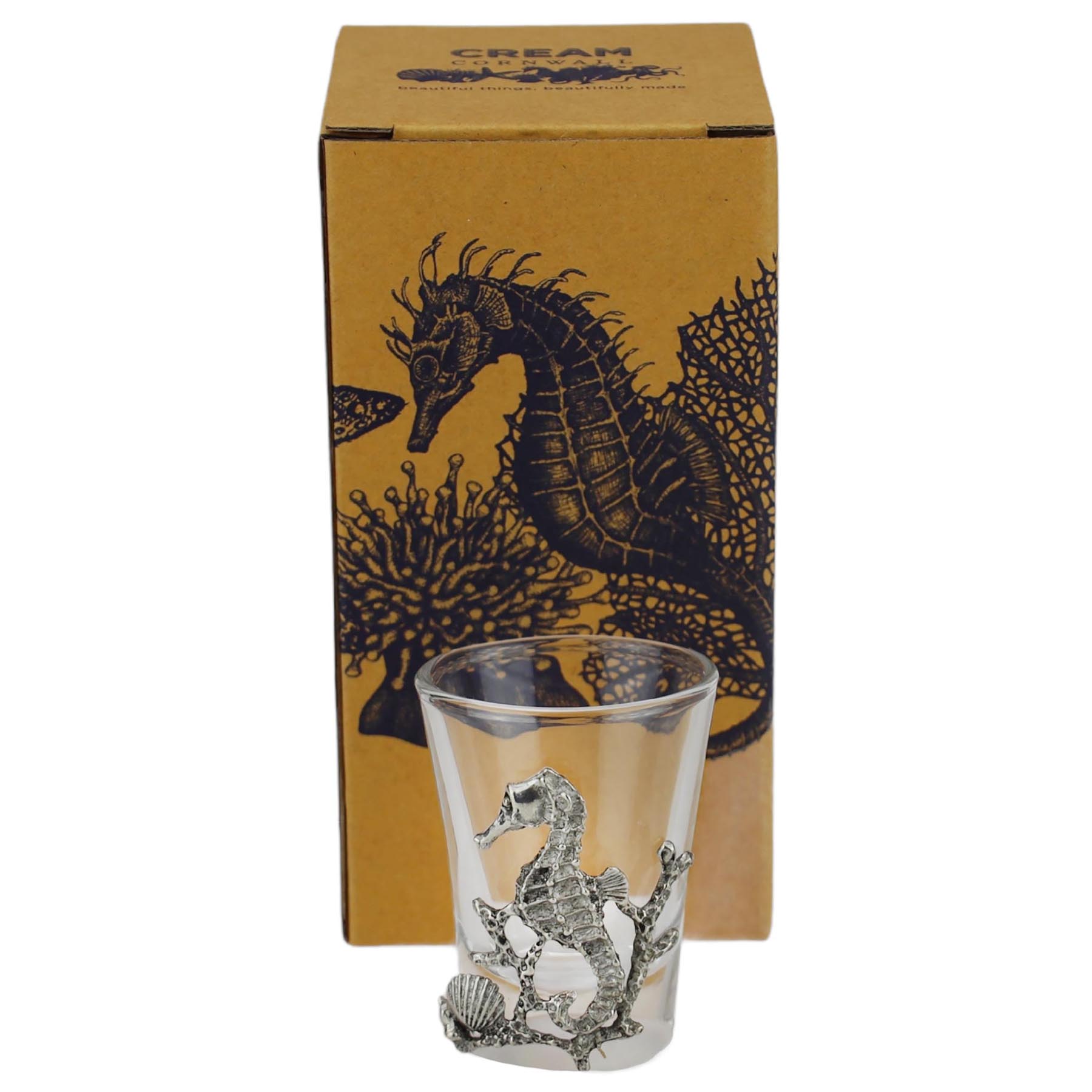 Shot of Pewter Seahorse Shot Glass in front of Product Box 