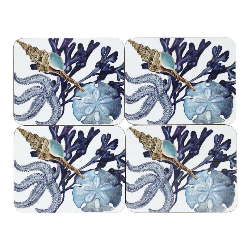 Set of four identical coasters in our Beachcomber design with Starfish,a whelk,seaweed and a sand dollar design.All in shades of blues and the brown shell of the whelk.