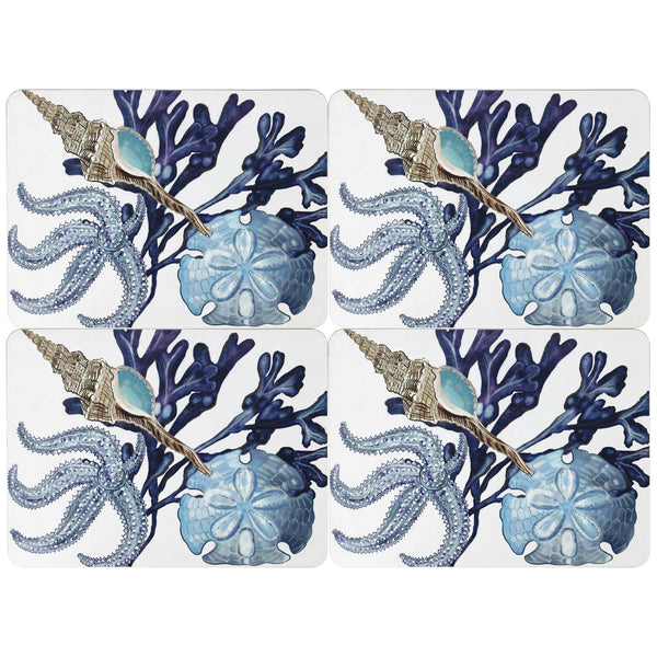 Set of four identical Placemats in our Beachcomber design with Starfish,a whelk,seaweed and a sand dollar design.All in shades of blues and the brown shell of the whelk.
