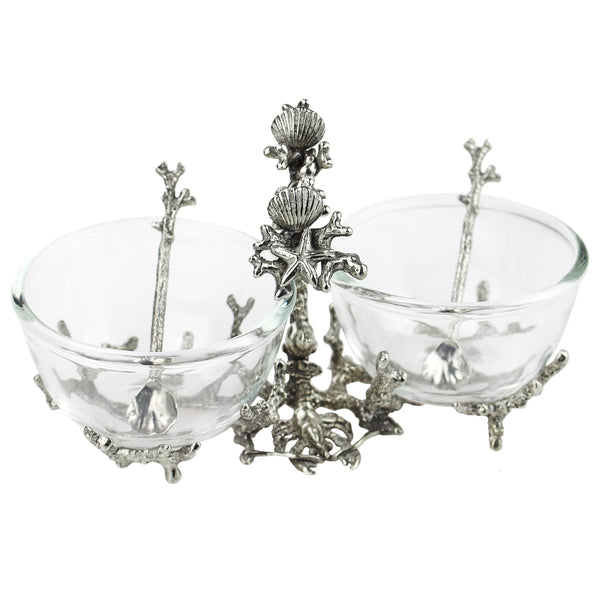 Pewter Shell  structure With two Glass Condiment Dishes  and tiny spoons shaped as coral branches