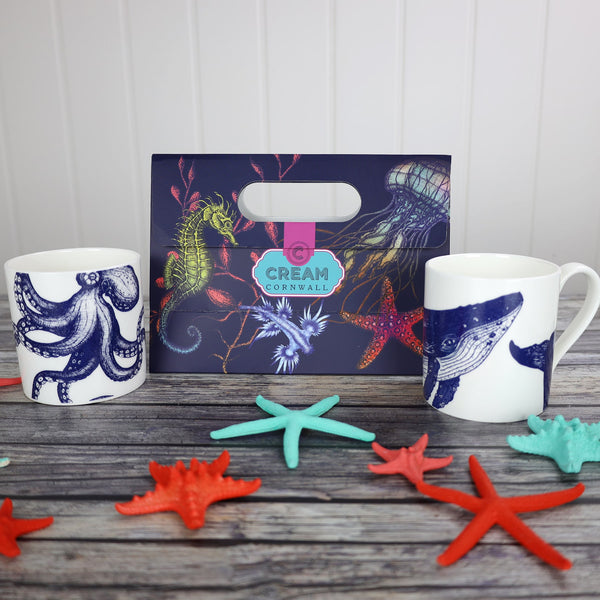 Front shot of small reef illustrated gift bag with bone china classic mugs- gift and accessories-Cream Cornwall