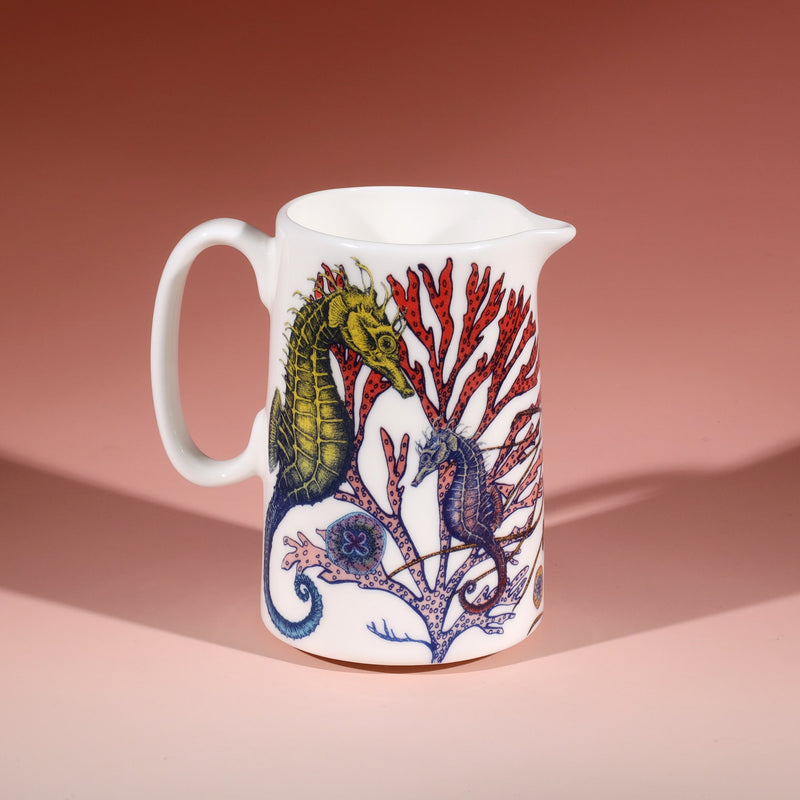 Close up of Small Bone China Reef Jug showing seahorse swimming around in the coral design