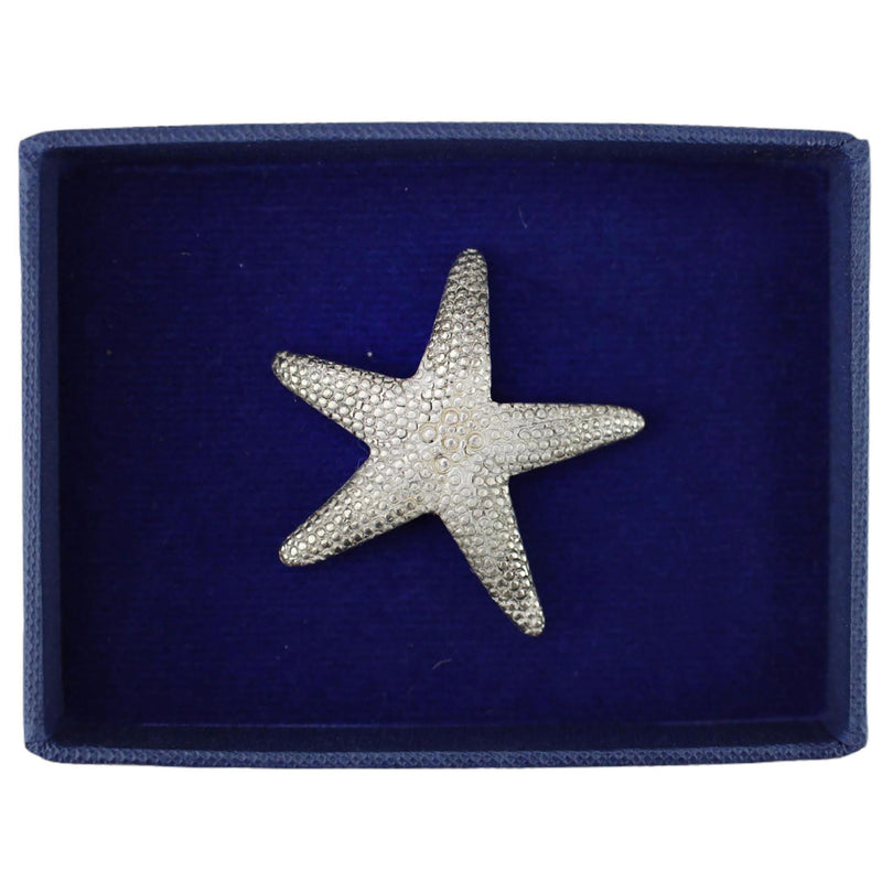 Pewter Starfish Candle Pin shown in the Navy box that it comes in