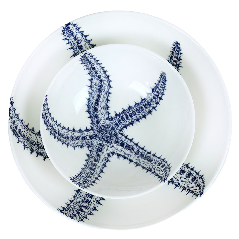 Pasta bowl in Bone China in our Classic range in Navy and white in the Starfish design on a Dinner plate