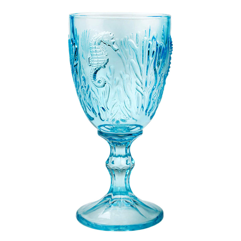 Turquoise goblet with embossed sea creatures in the glass
