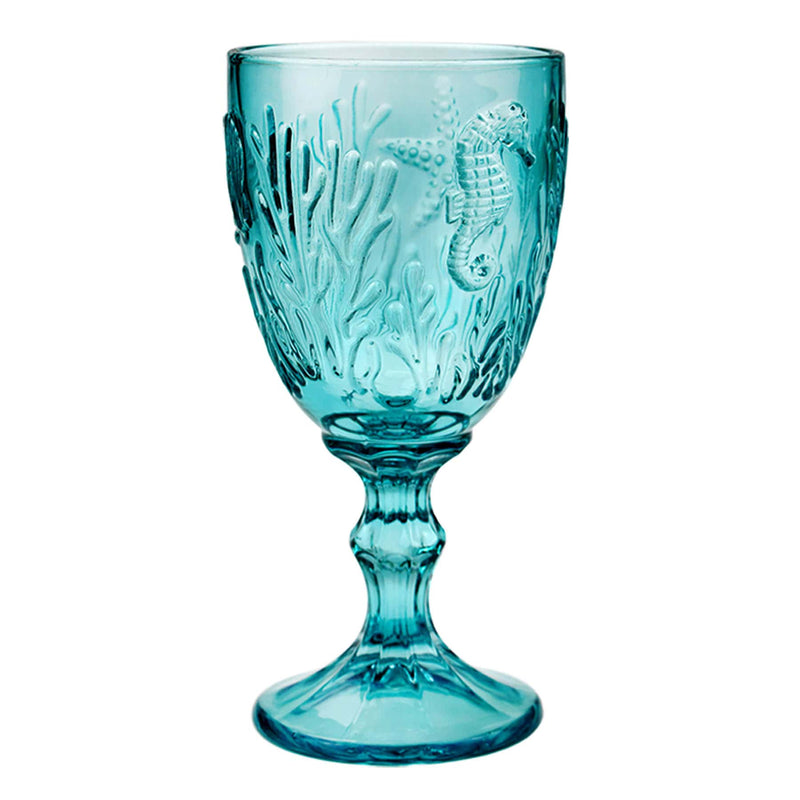 Teal coloured goblet with embossed sea creatures in the glass