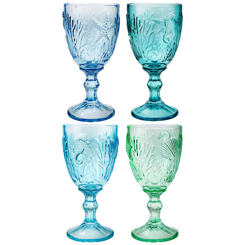 Set of 4 Underwater Goblets in four different shades of blues with embossed sea creatures in the glass