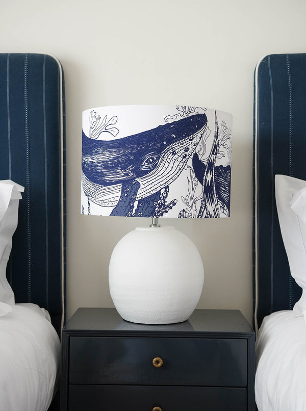 Marine Blue On White Whale Lampshade -Homeware- Cream Cornwall